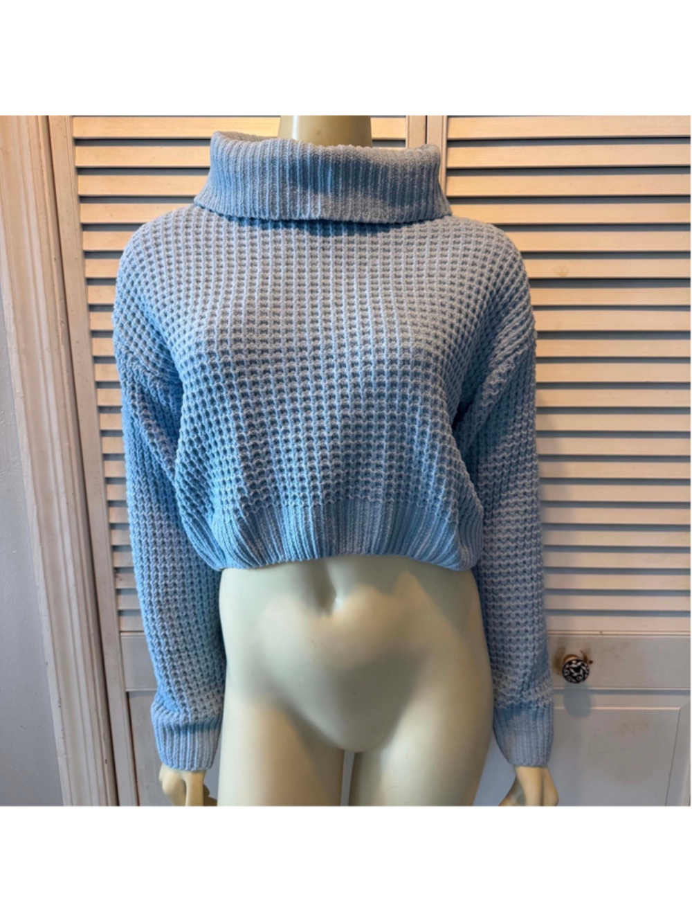 Women's Aster Light Blue Waffle Knit Cowl Neck Cropped Sweater S